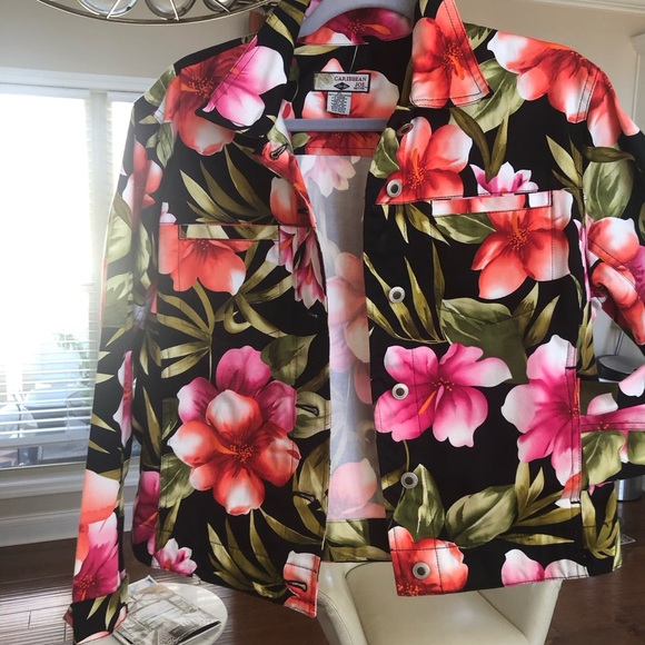 Caribbean Joe Floral Jean Jacket - Black, Pink, Green - Picture 8 of 8